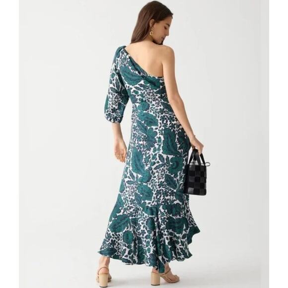 J. CREW Collection One Shoulder Ruffle Trim White Green Blue Floral Print Maxi - Picture 10 of 10